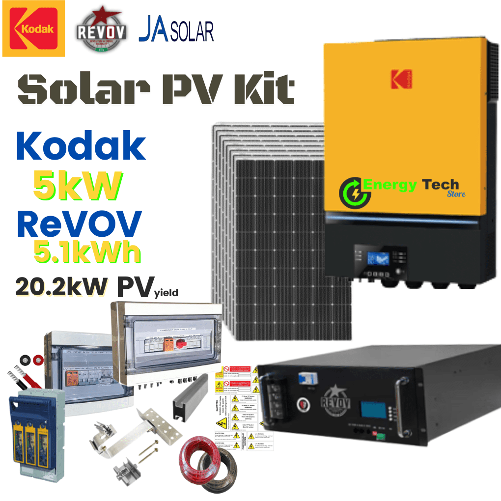 5kW Kodak Solar Kit with 5.1KWh REVOV LiFe B100 – 20kWh PV