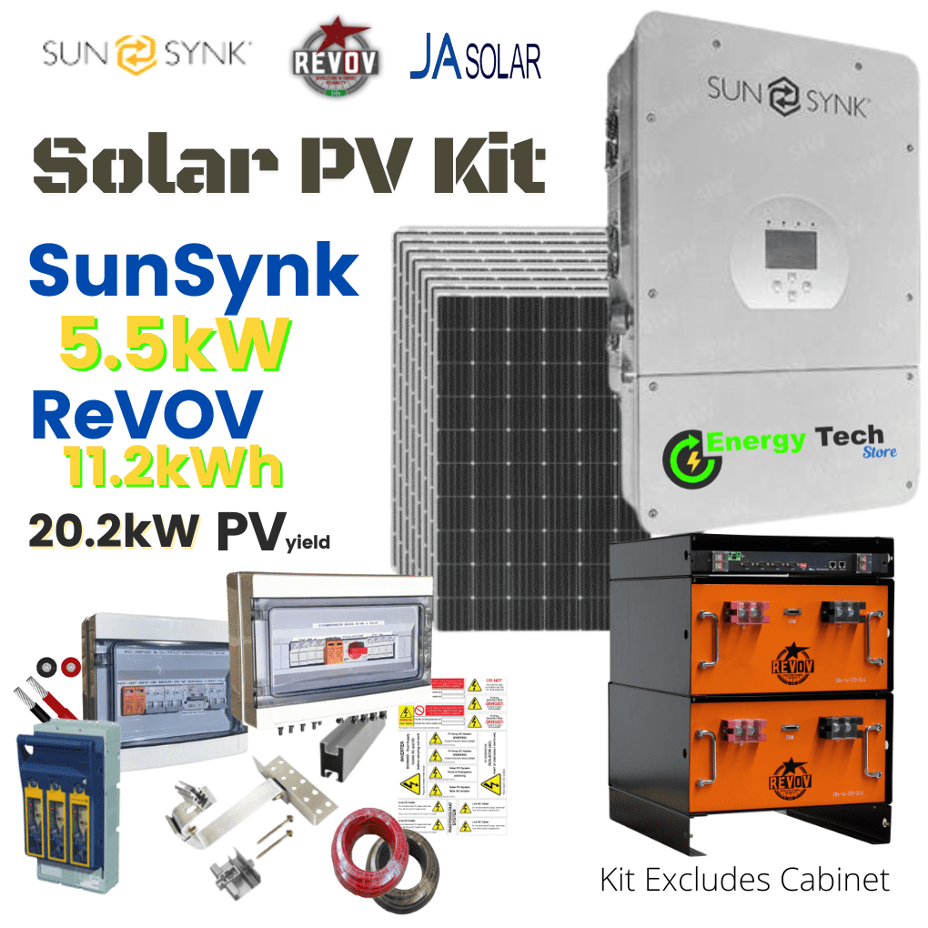5.5kW SunSynk Solar Kit with 11.2KWh REVOV LiFe C8 – 20kWh PV