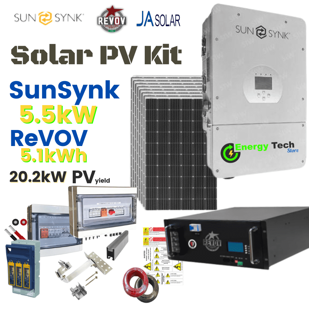 5.5kW SunSynk Solar Kit with 5.1KWh REVOV LiFe B100 – 20kWh PV